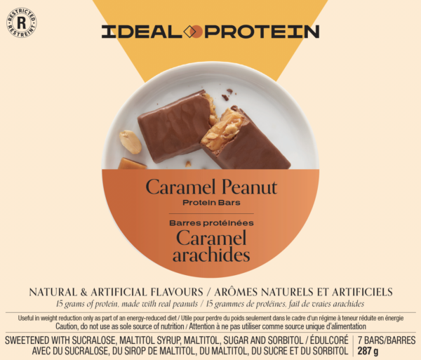 Front of the box packaging of the Ideal Protein Caramel Peanut Bars.