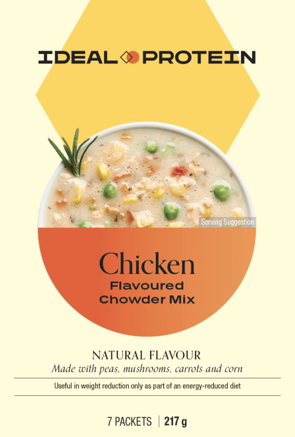 Box of Ideal Protein Chicken Chowder Mix– 7 high protein, low carb packets for weight loss support per box.