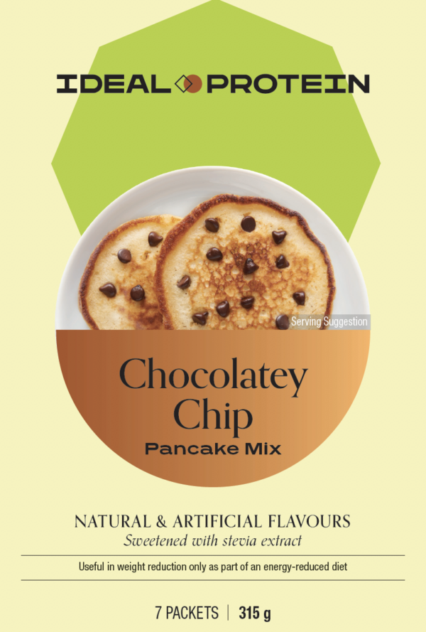 Box of Ideal Protein Chocolatey Chip Pancake – 7 high protein, low carb servings for weight loss support.