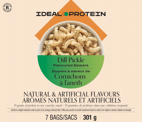 Box of Ideal Protein Dill Pickle Zippers – 7 high protein, low carb snacks for weight loss support.