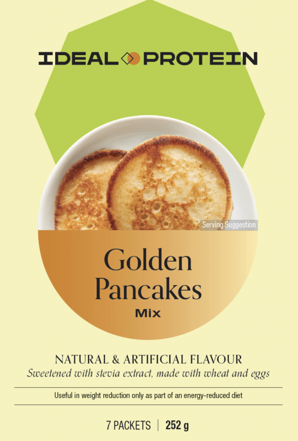 Box of Ideal Protein Golden Pancake Mix – 7 high protein, low carb servings for weight loss support.
