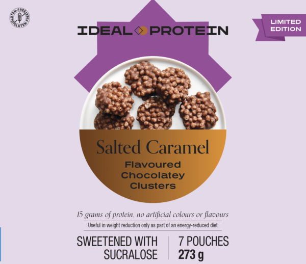 Box of Ideal Protein Salted Chocolatey Caramel Clusters – 7 high protein, low carb snacks for weight loss support.