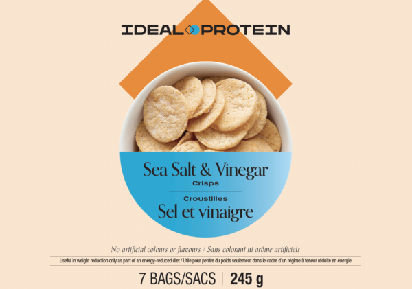 Box of Ideal Protein Sea Salt Vinegar Crisps – 7 high protein, low carb bags per box for weight loss support.