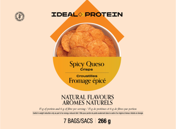 Box of Ideal Protein Spicy Queso Crisps – high-protein, low-carb snack approved for all phases of the Ideal Protein Protocol.