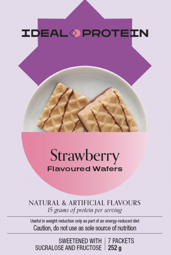 Strawberry Flavoured Wafers – front of product box showing crisp wafers with strawberry and chocolate flavour.