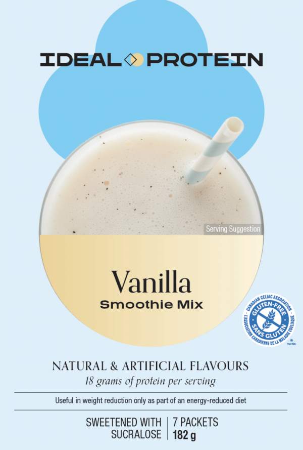 Box of Ideal Protein Vanilla Smoothie Drink Mix – 7 high protein, low carb drinks for weight loss support.