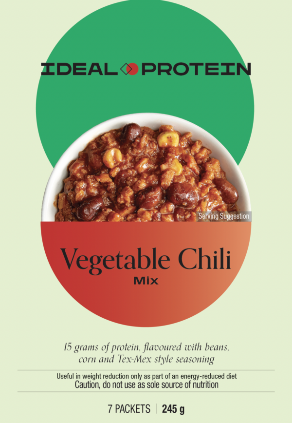 Box of Ideal Protein Vegetable Chili Mix – 7 high protein, low carb servings for weight loss support.