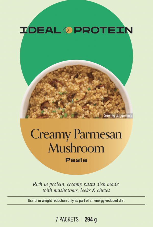 Box of Ideal Protein Creamy Parmesan Mushroom Pasta – 7 high protein, low carb servings for weight loss support.